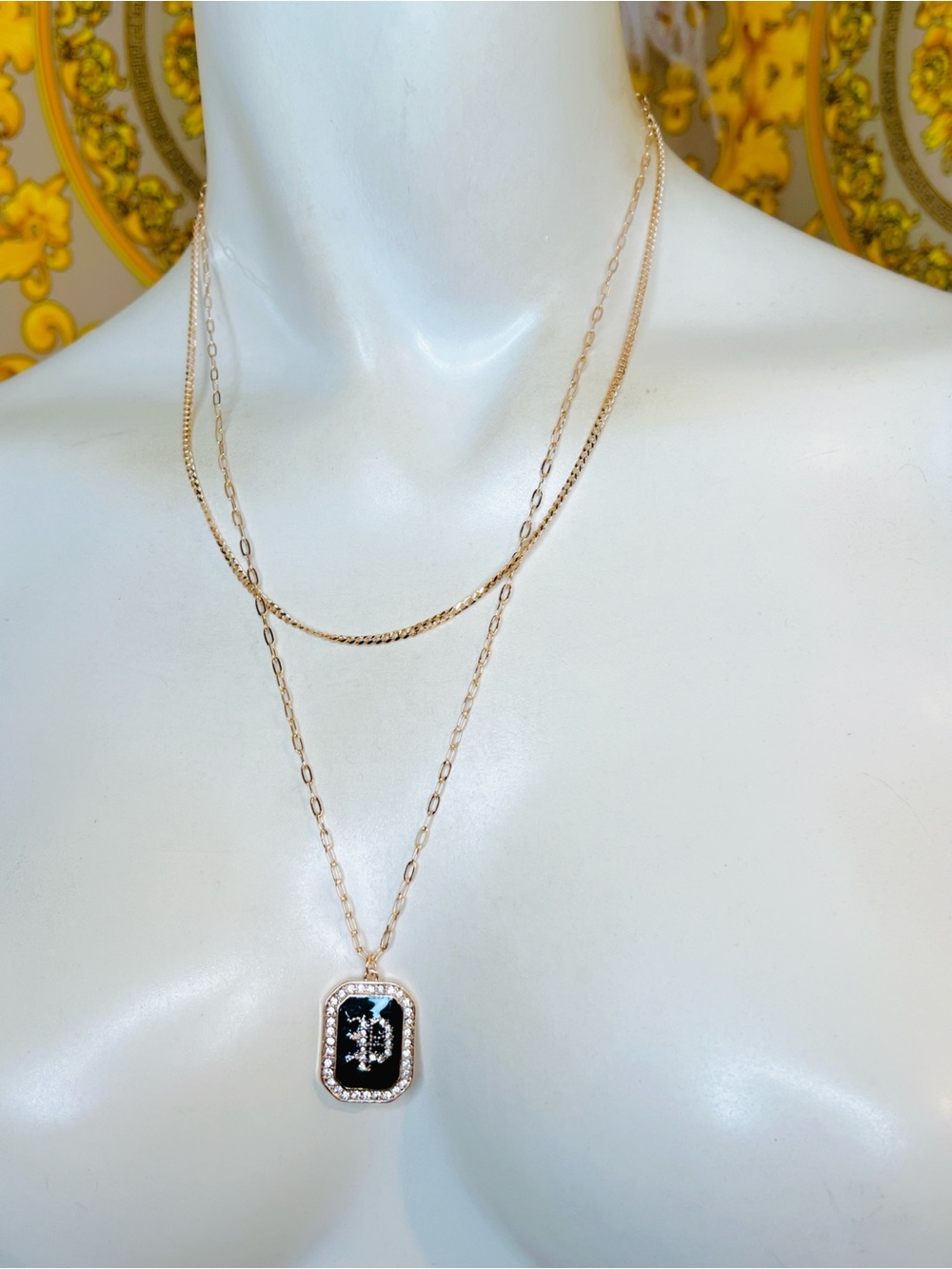 P initial letter 18k gold plated black enamel crystal necklace chain adjustable